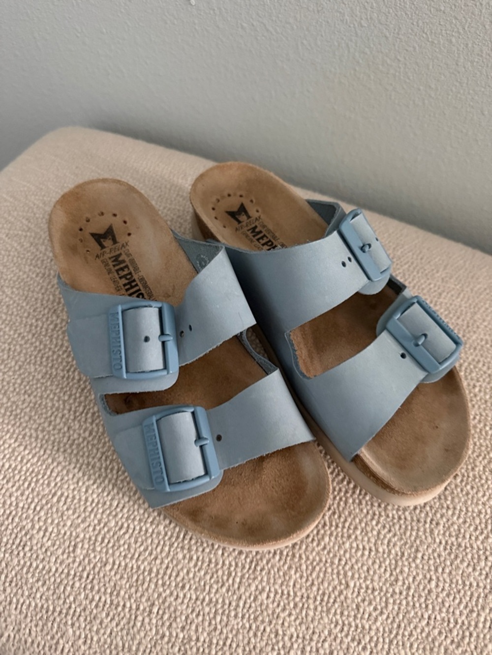 Mephisto Light Blue Double Buckle Slide Sandals